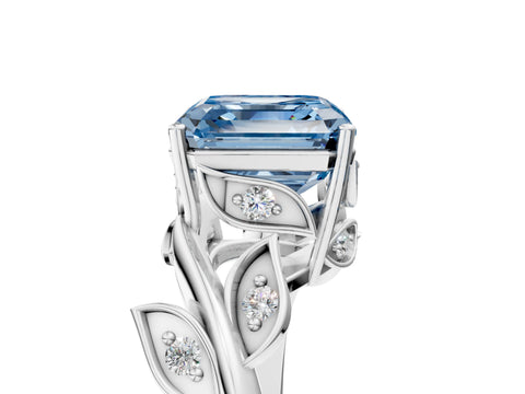White gold Fancy Blue Asscher Cut Solitaire Twist Engagement Ring with Leaf Accents and Prong Setting_5
