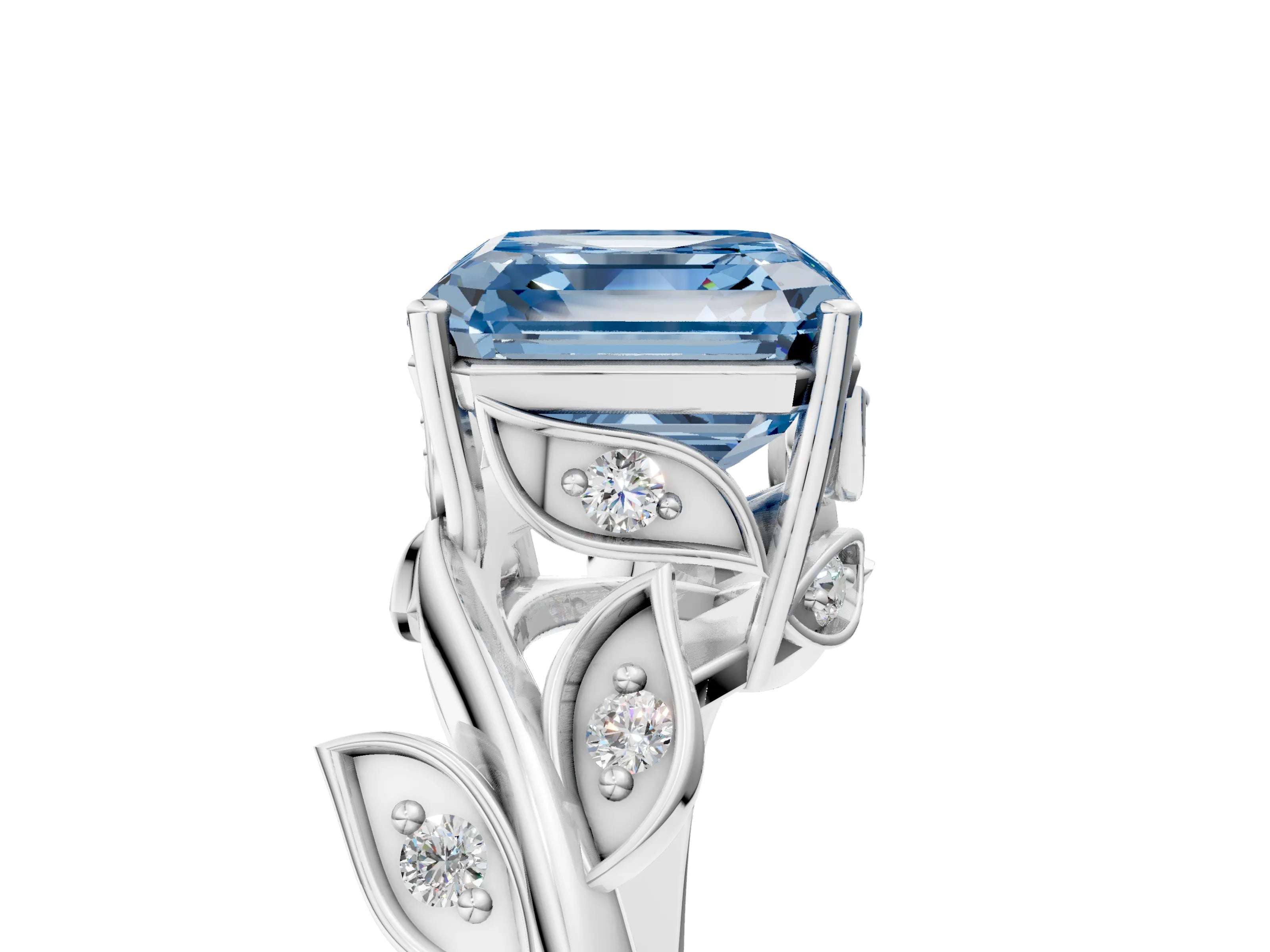 White gold Fancy Blue Asscher Cut Solitaire Twist Engagement Ring with Leaf Accents and Prong Setting_5