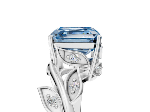 White gold Fancy Blue Asscher Cut Solitaire Twist Engagement Ring with Leaf Accents and Prong Setting_5