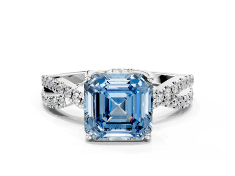 White gold Fancy Blue Asscher Cut Solitaire Twist Pave Diamond Engagement Ring with Prong Setting