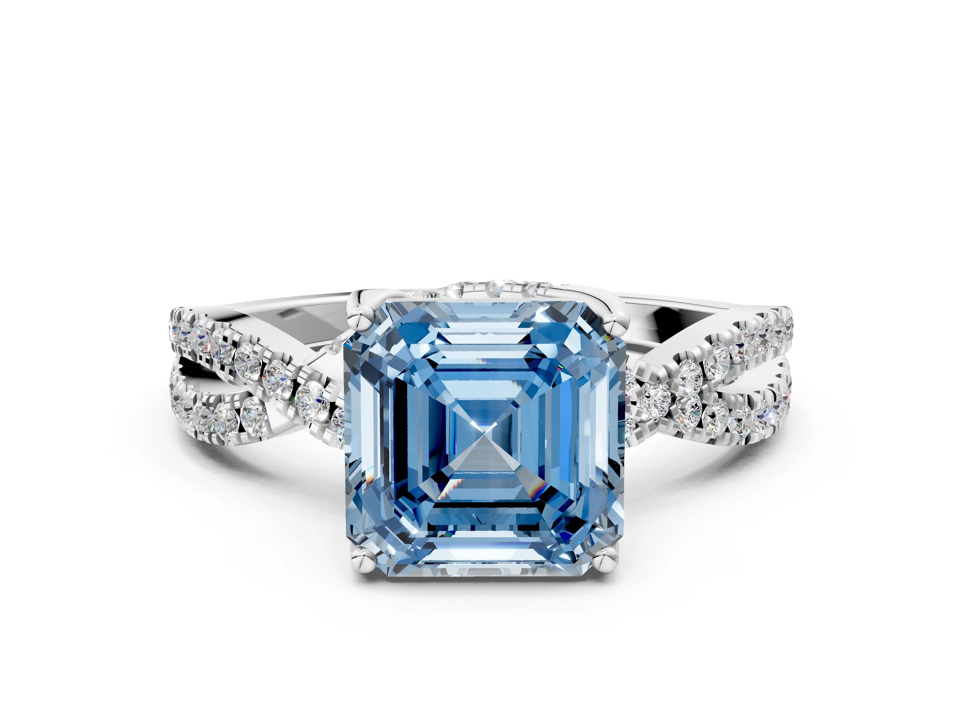 White gold Fancy Blue Asscher Cut Solitaire Twist Pave Diamond Engagement Ring with Prong Setting_1