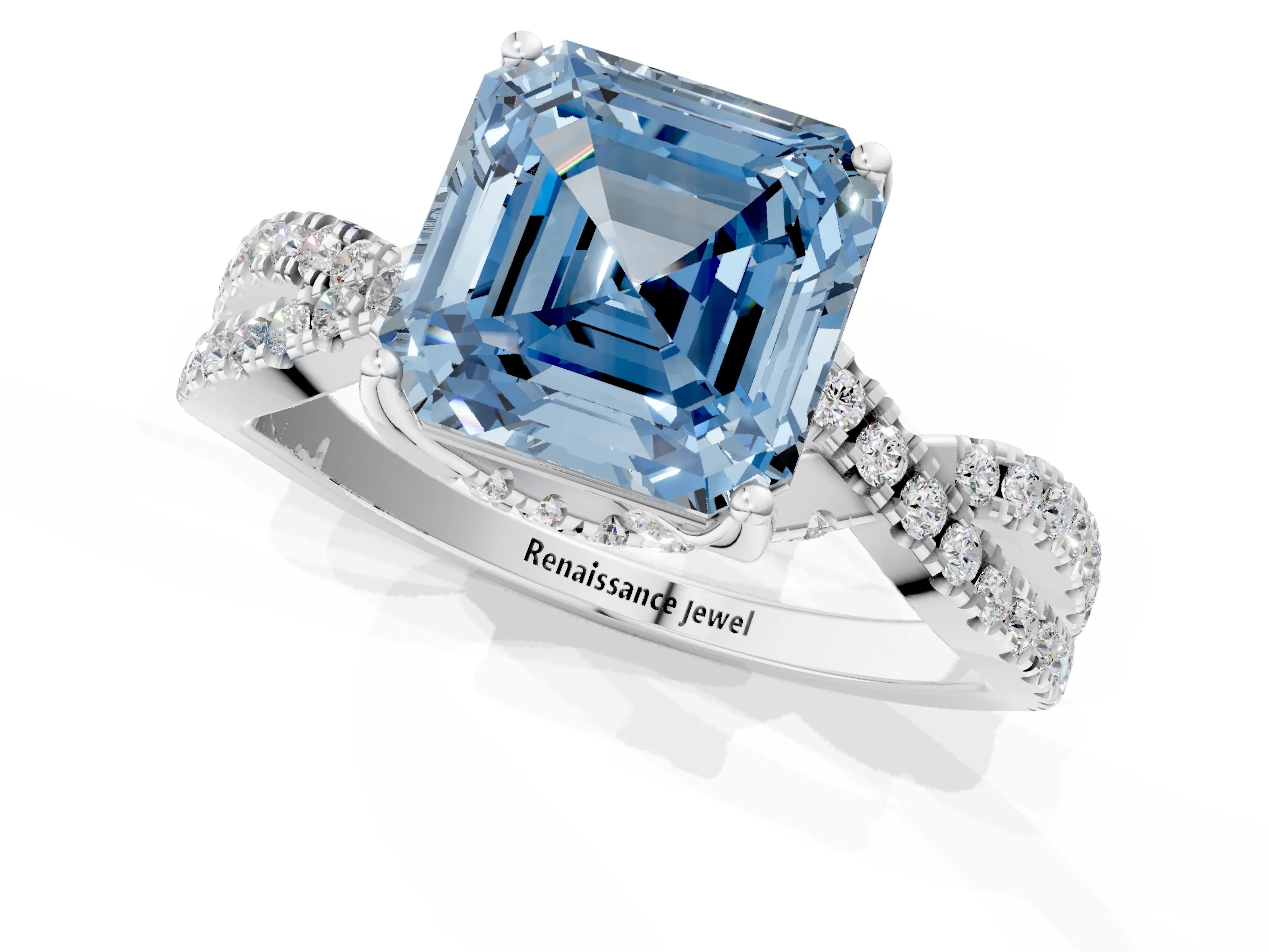 White gold Fancy Blue Asscher Cut Solitaire Twist Pave Diamond Engagement Ring with Prong Setting_1