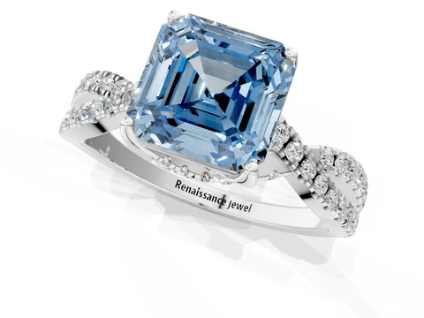 White gold Fancy Blue Asscher Cut Solitaire Twist Pave Diamond Engagement Ring with Prong Setting_1