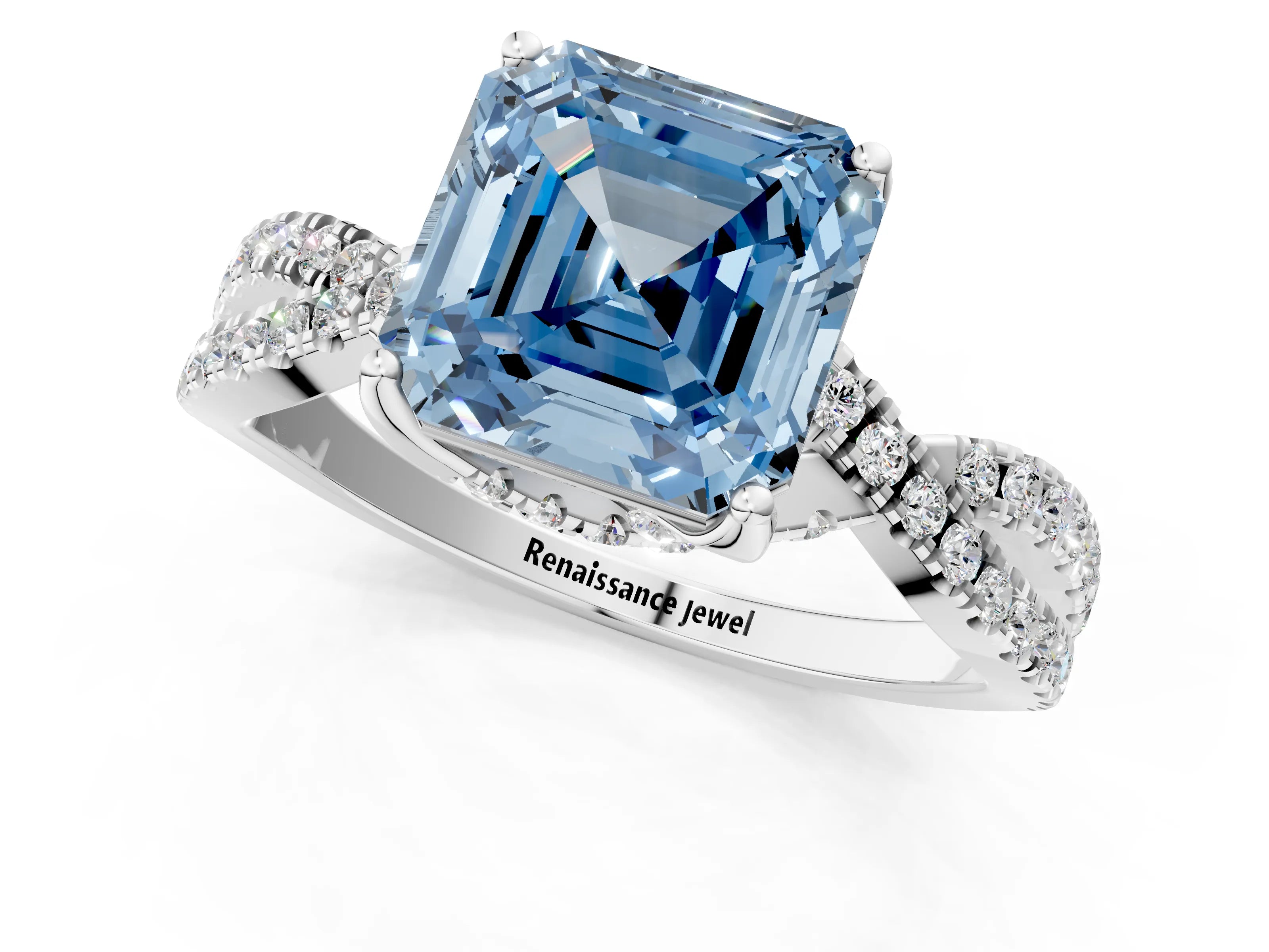 White gold Fancy Blue Asscher Cut Solitaire Twist Pave Diamond Engagement Ring with Prong Setting_2