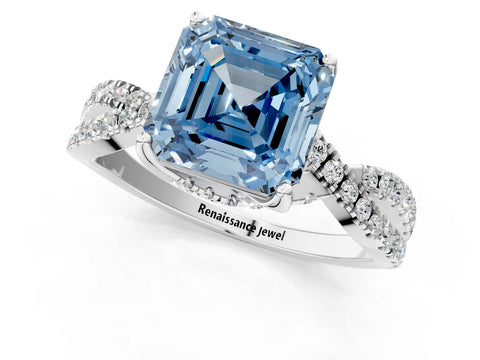 White gold Fancy Blue Asscher Cut Solitaire Twist Pave Diamond Engagement Ring with Prong Setting_2