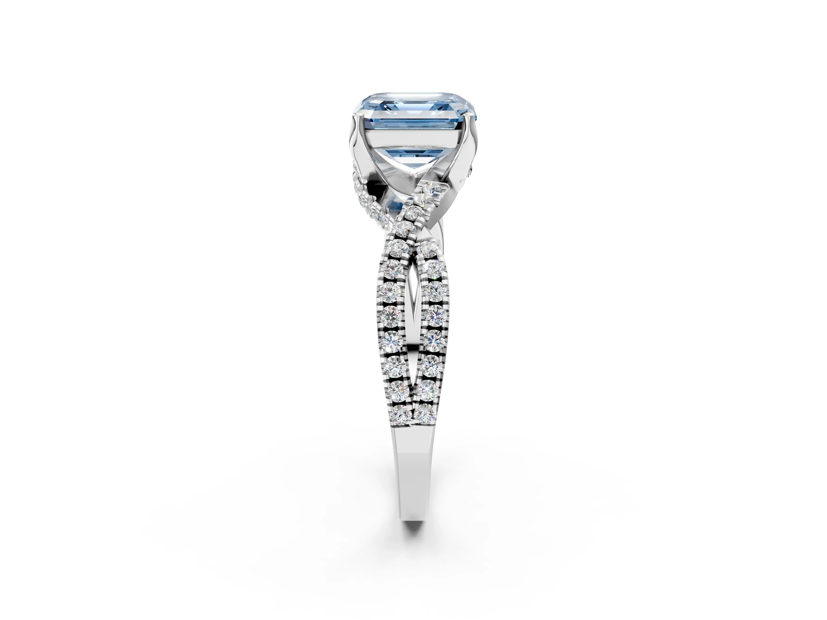 White gold Fancy Blue Asscher Cut Solitaire Twist Pave Diamond Engagement Ring with Prong Setting_3