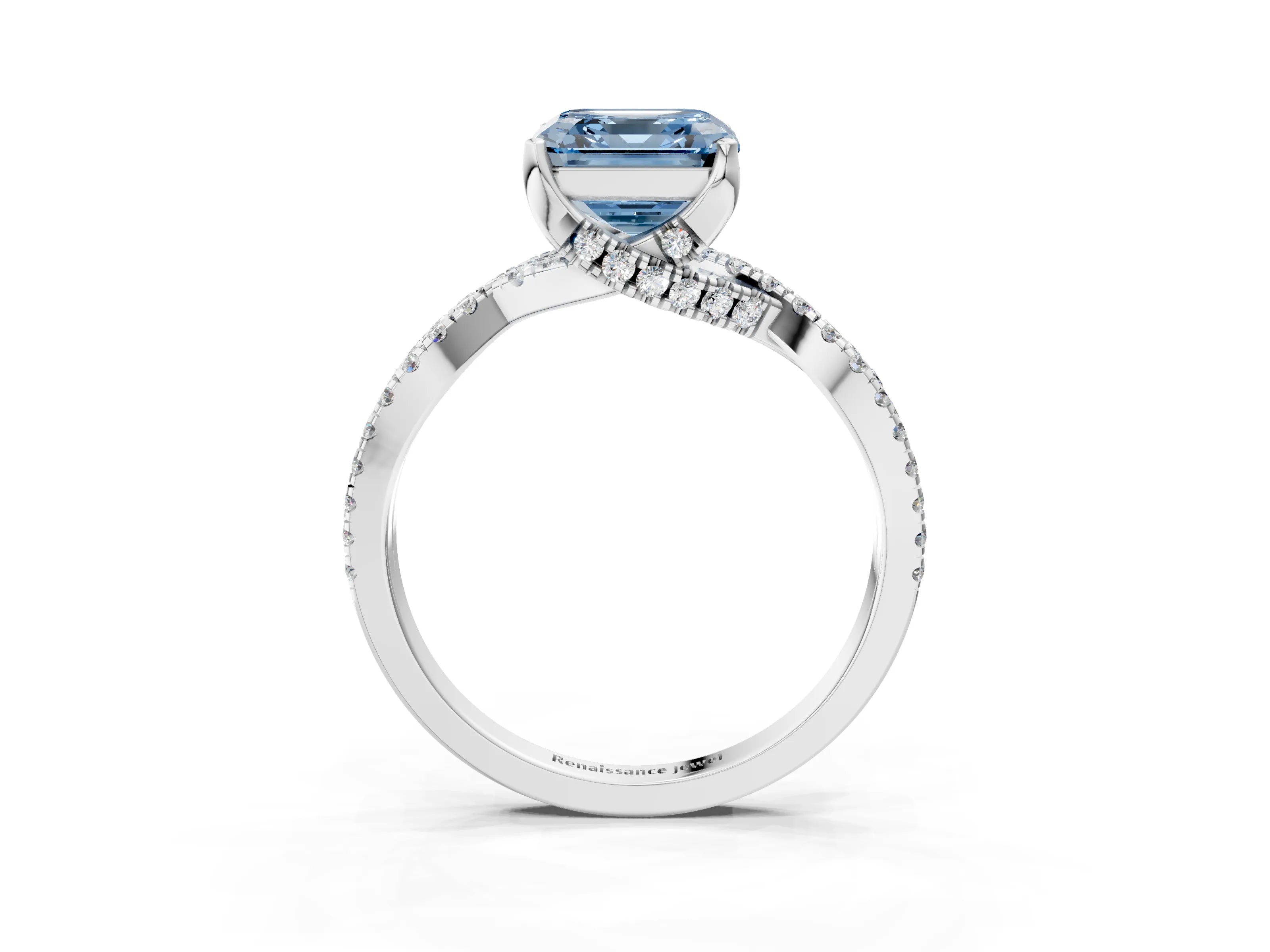 White gold Fancy Blue Asscher Cut Solitaire Twist Pave Diamond Engagement Ring with Prong Setting_3