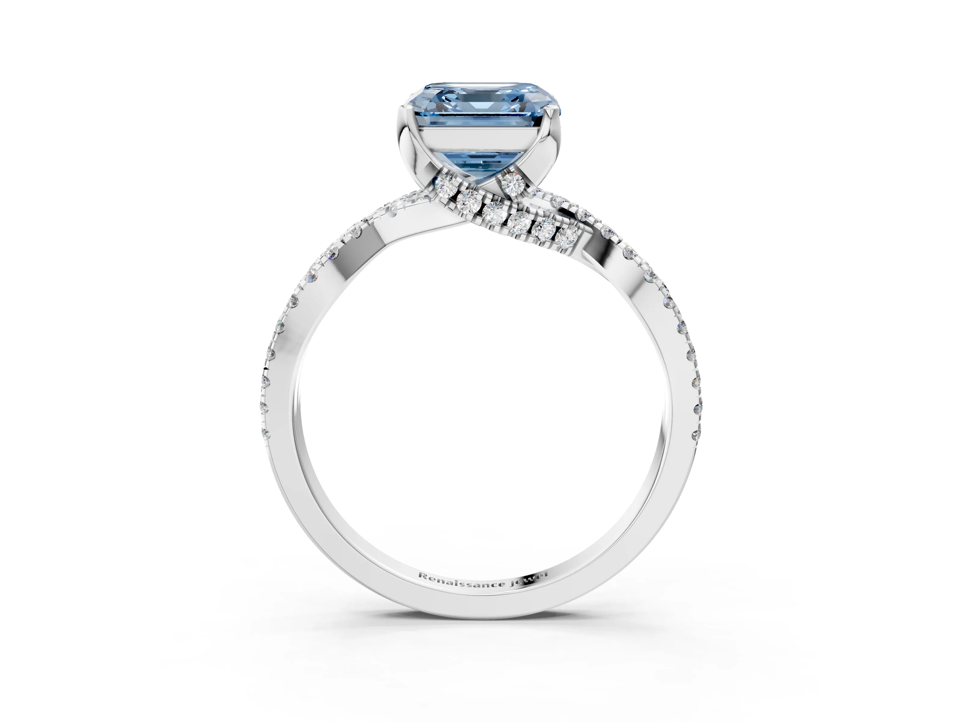 White gold Fancy Blue Asscher Cut Solitaire Twist Pave Diamond Engagement Ring with Prong Setting_4