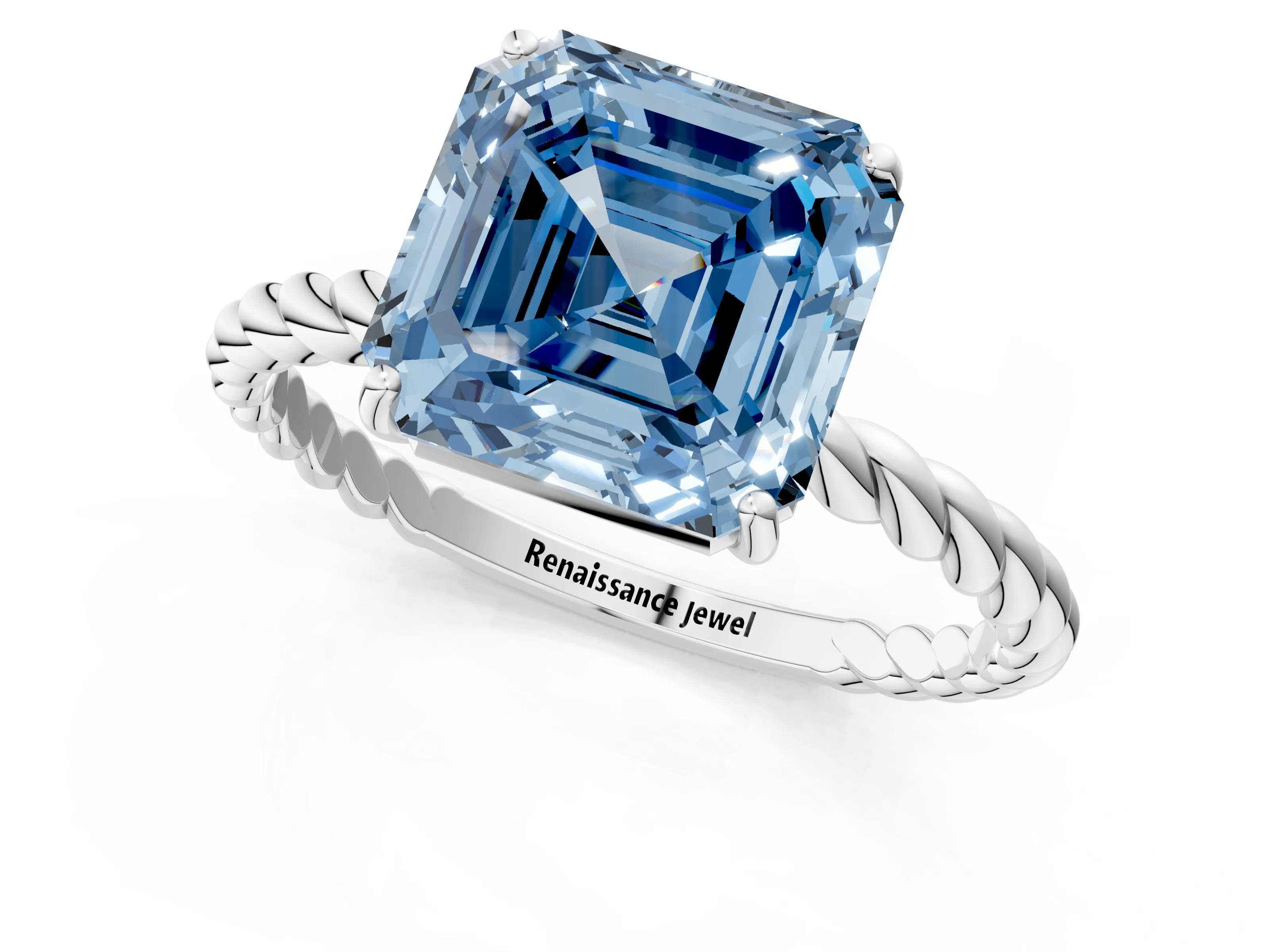 White gold Fancy Blue Asscher Cut Solitaire Twisted Band 4-Prong Ring_25