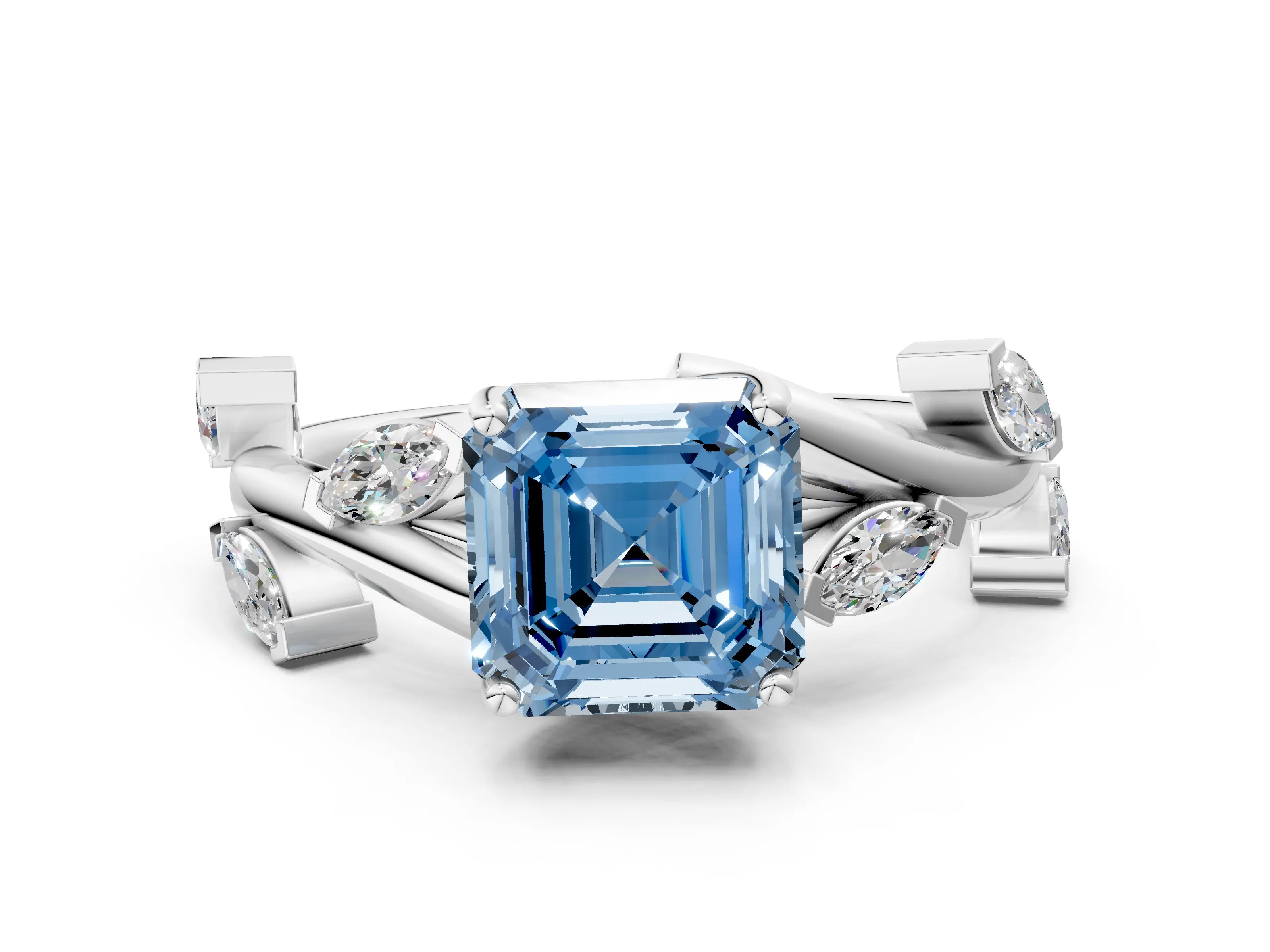White gold Fancy Blue Asscher Cut Solitaire Twisted Band Marquise Accent Prong Setting Ring