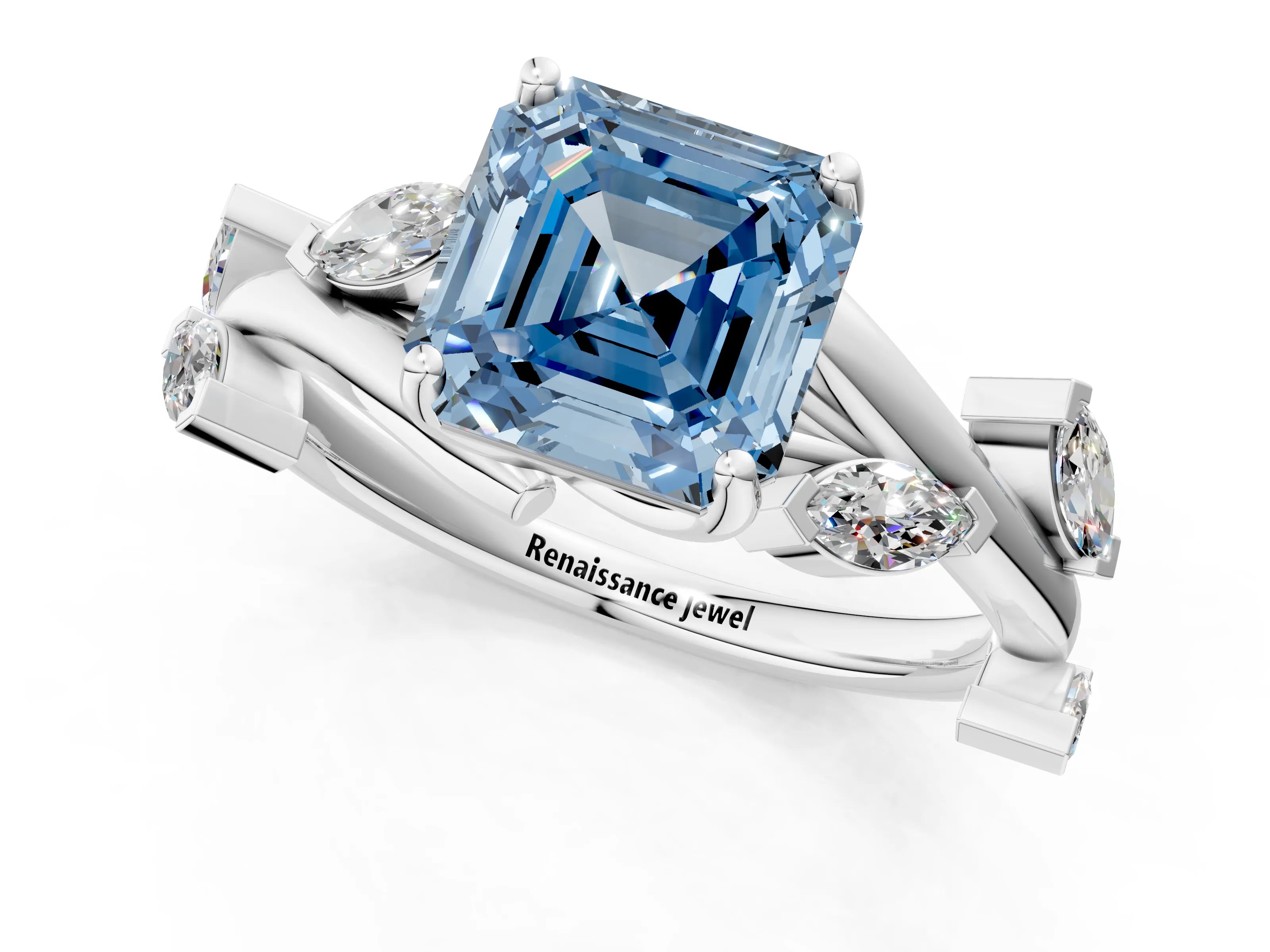White gold Fancy Blue Asscher Cut Solitaire Twisted Band Marquise Accent Prong Setting Ring_1