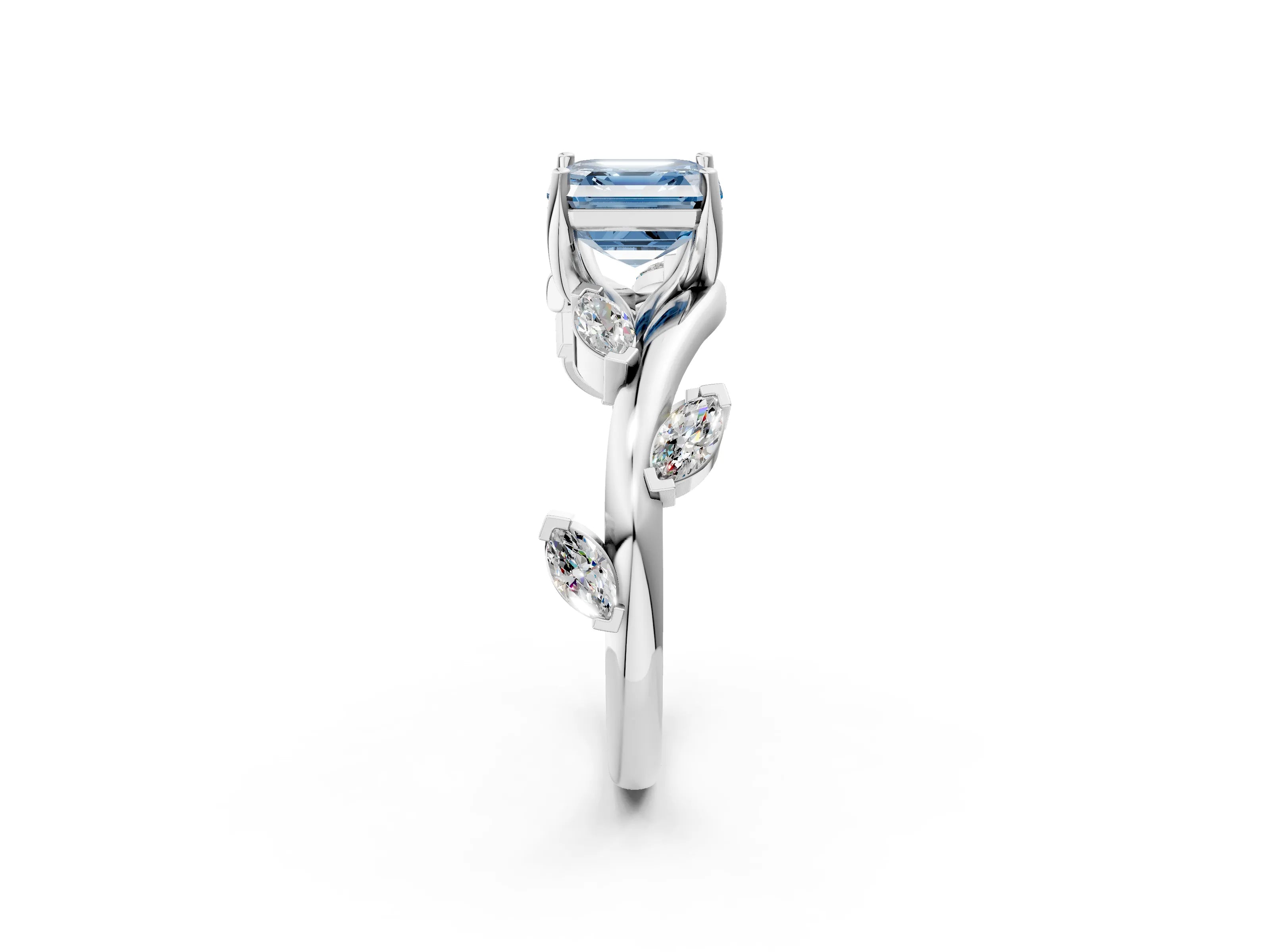 White gold Fancy Blue Asscher Cut Solitaire Twisted Band Marquise Accent Prong Setting Ring_2