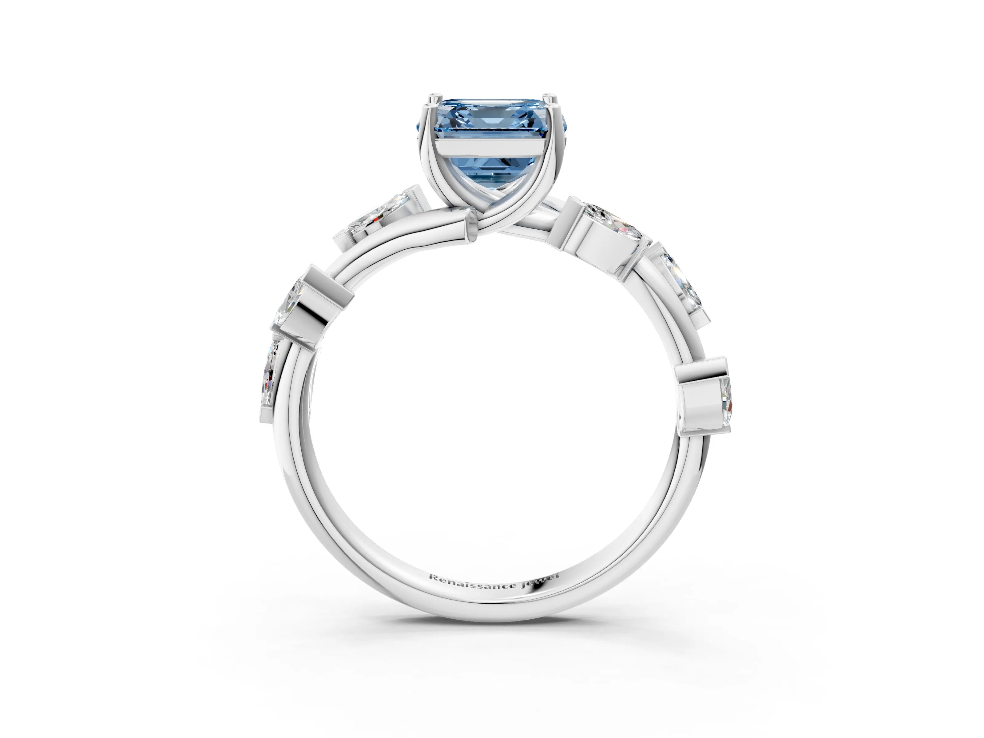 White gold Fancy Blue Asscher Cut Solitaire Twisted Band Marquise Accent Prong Setting Ring_3
