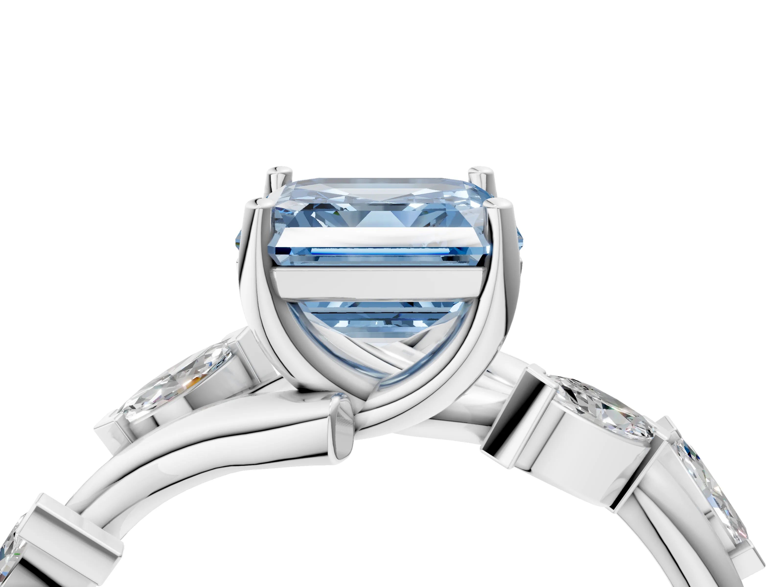White gold Fancy Blue Asscher Cut Solitaire Twisted Band Marquise Accent Prong Setting Ring_4