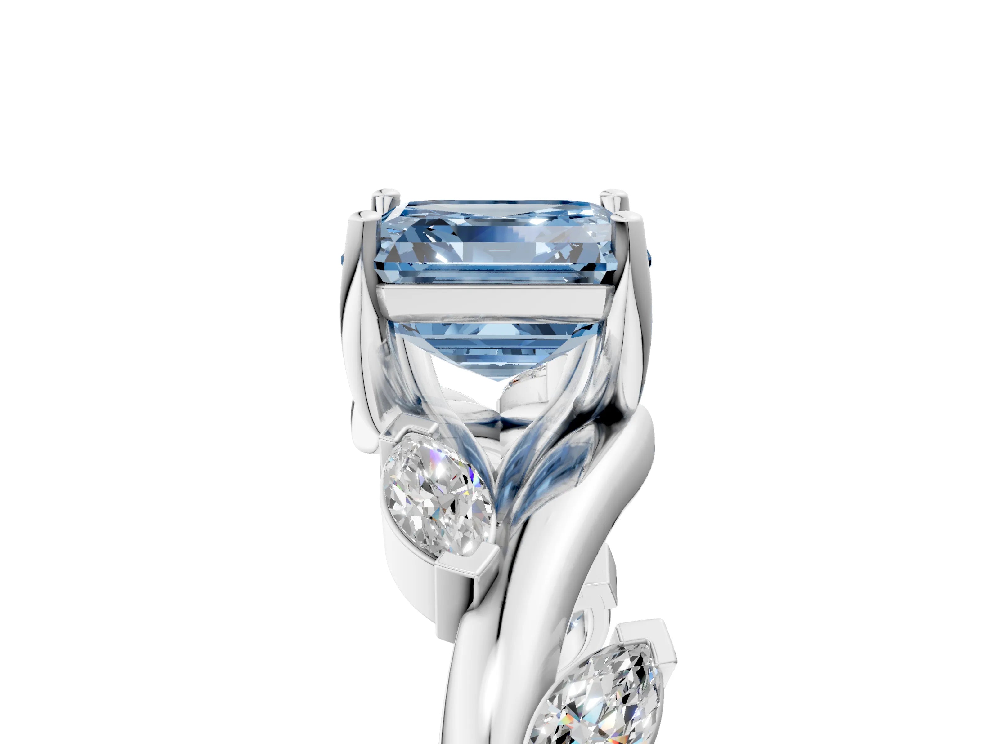 White gold Fancy Blue Asscher Cut Solitaire Twisted Band Marquise Accent Prong Setting Ring_5