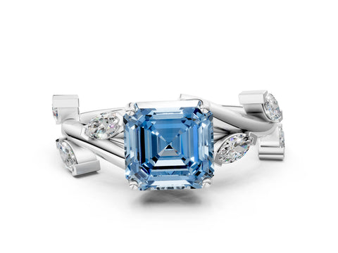 White gold Fancy Blue Asscher Cut Solitaire Twisted Band Marquise Accent Prong Setting Ring
