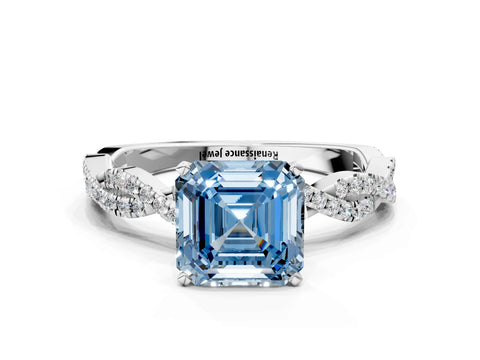 White gold Fancy Blue Asscher Cut Solitaire Twisted Pave Band with Four-Prong Setting_15
