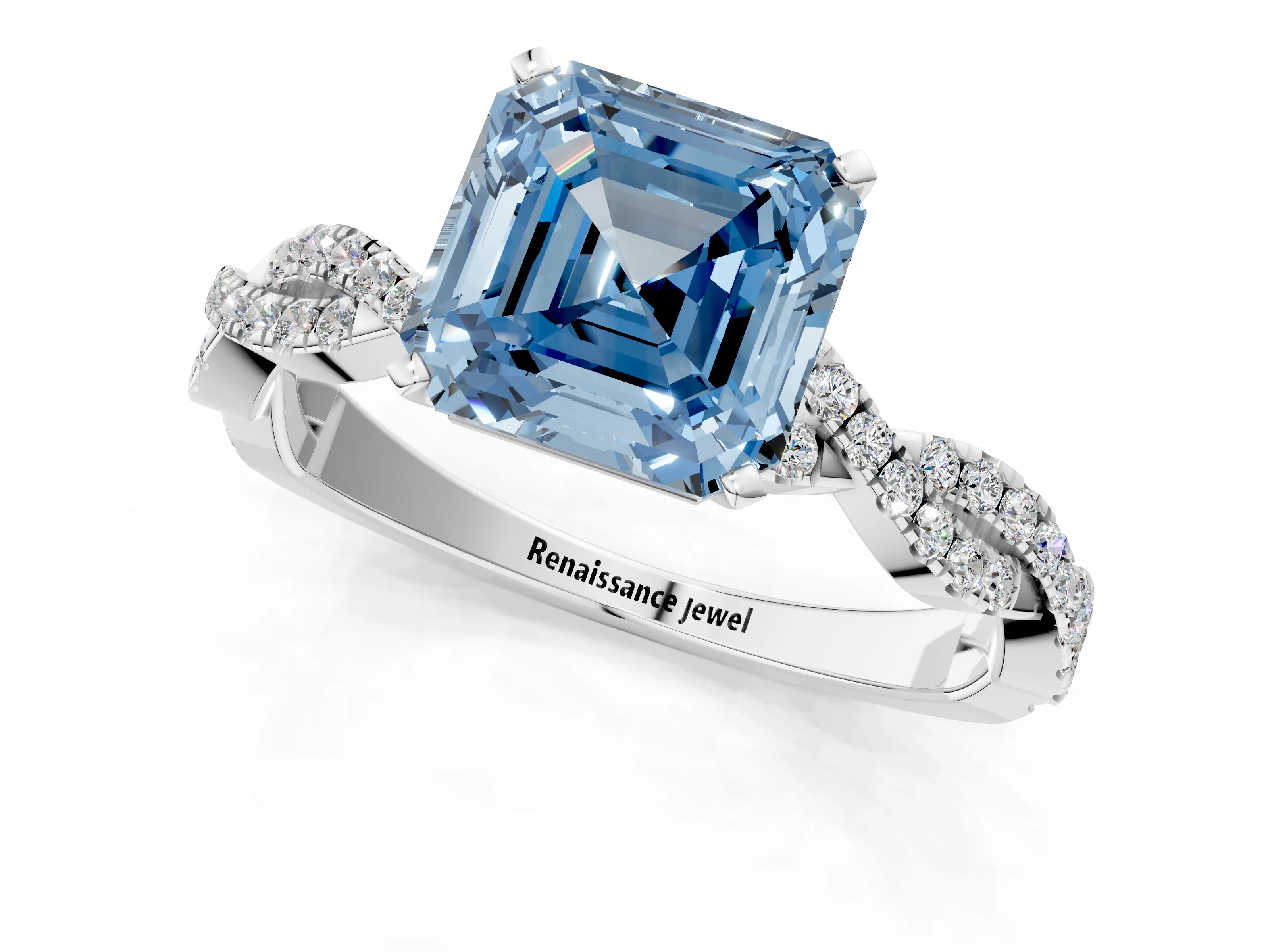 White gold Fancy Blue Asscher Cut Solitaire Twisted Pave Band with Four-Prong Setting_16