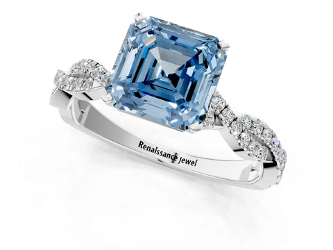 White gold Fancy Blue Asscher Cut Solitaire Twisted Pave Band with Four-Prong Setting_16