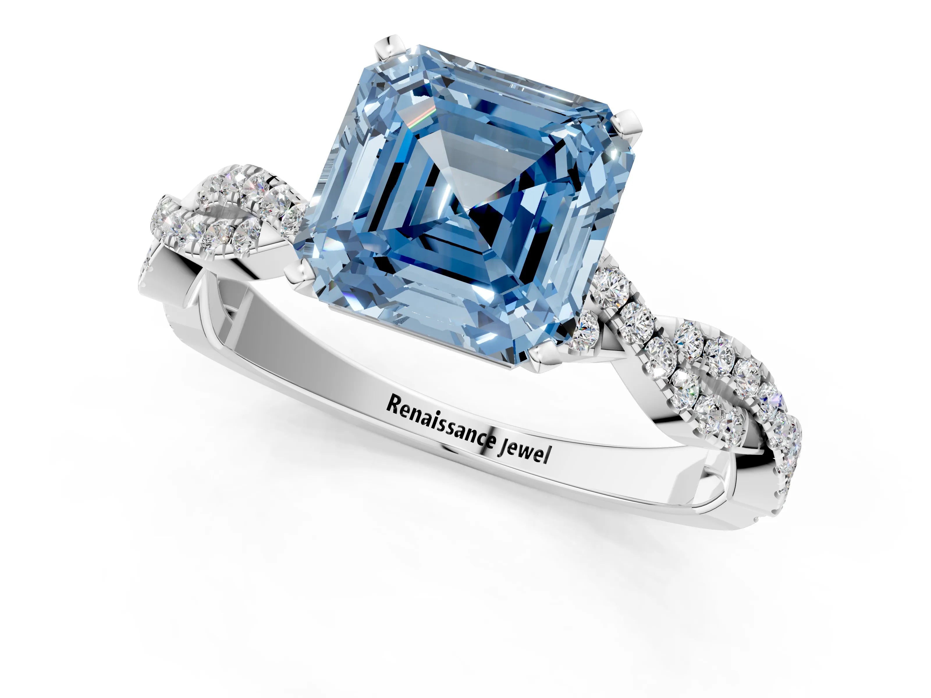 White gold Fancy Blue Asscher Cut Solitaire Twisted Pave Band with Four-Prong Setting_4