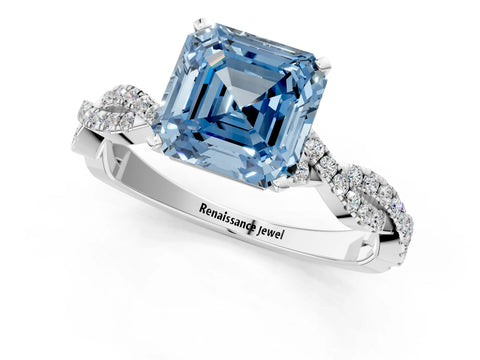 White gold Fancy Blue Asscher Cut Solitaire Twisted Pave Band with Four-Prong Setting_4