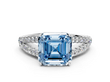 White gold Fancy Blue Asscher  Cut Split Shank Pave Diamond Engagement Ring with Four-Prong Setting