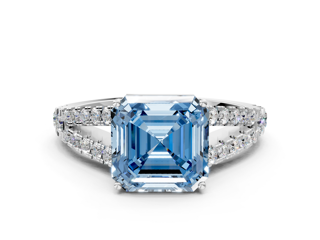 White gold Fancy Blue Asscher  Cut Split Shank Pave Diamond Engagement Ring with Four-Prong Setting