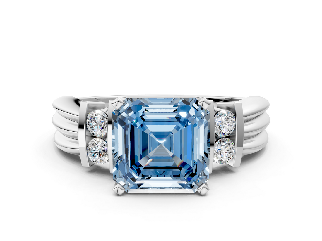 White gold Fancy Blue Asscher  Cut Three-Stone Channel Set Ring with Bar Prongs