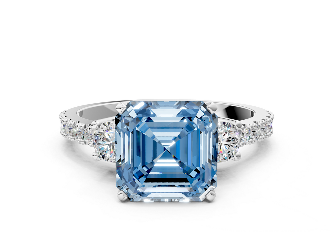 White gold Fancy Blue Asscher  Cut Three-Stone Diamond Pavé Band with Prong Setting_17