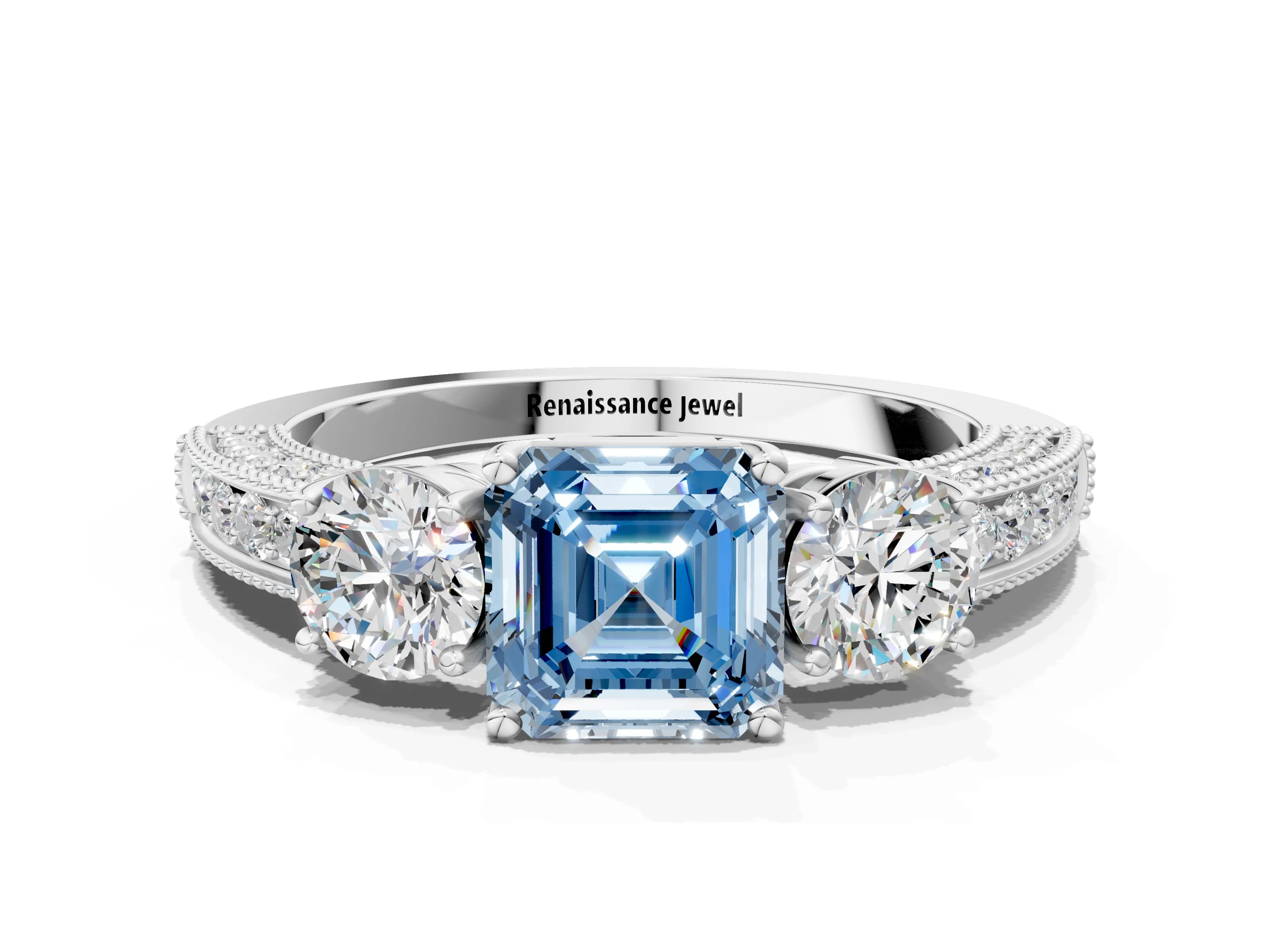 White gold Fancy Blue Asscher Cut Three-Stone Diamond Ring with Pavé Band and Four-Prong Setting_12