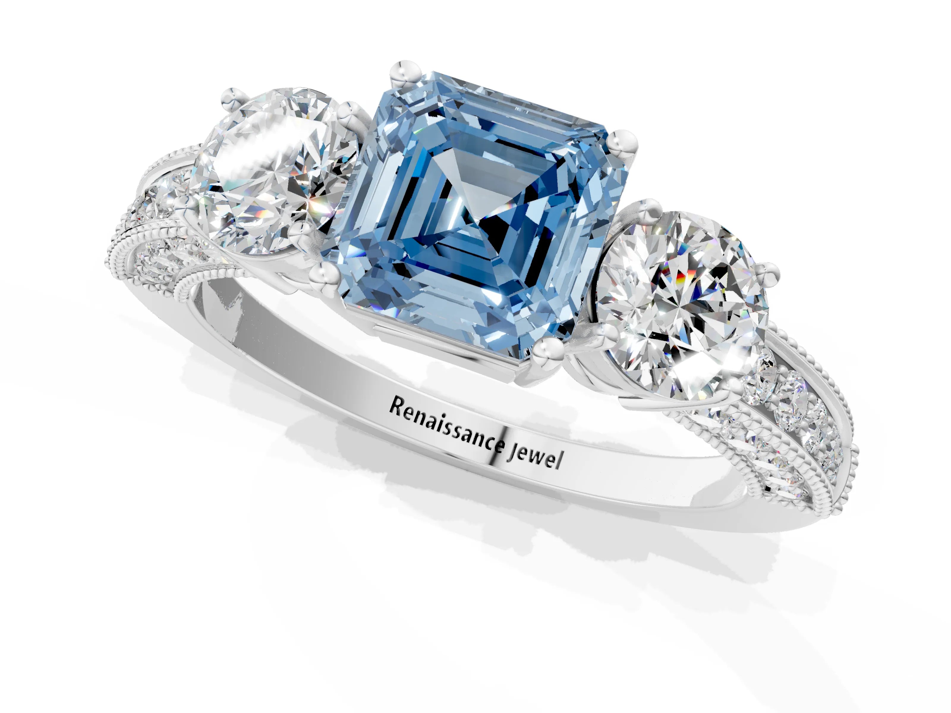 White gold Fancy Blue Asscher Cut Three-Stone Diamond Ring with Pavé Band and Four-Prong Setting_13