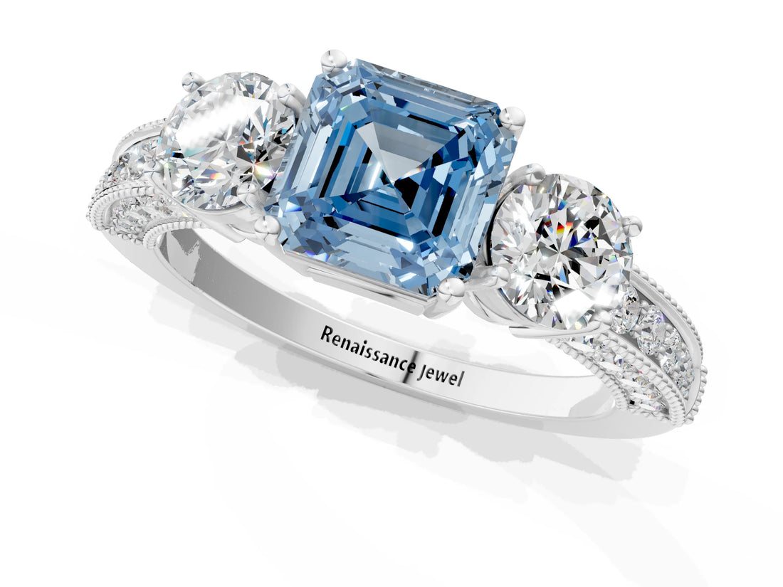 White gold Fancy Blue Asscher Cut Three-Stone Diamond Ring with Pavé Band and Four-Prong Setting_13