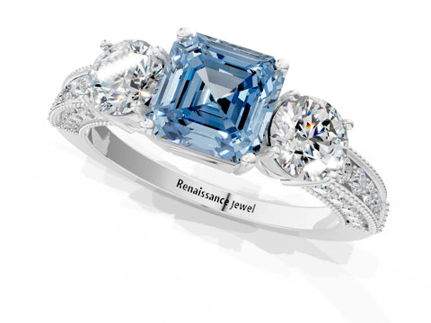 White gold Fancy Blue Asscher Cut Three-Stone Diamond Ring with Pavé Band and Four-Prong Setting_13