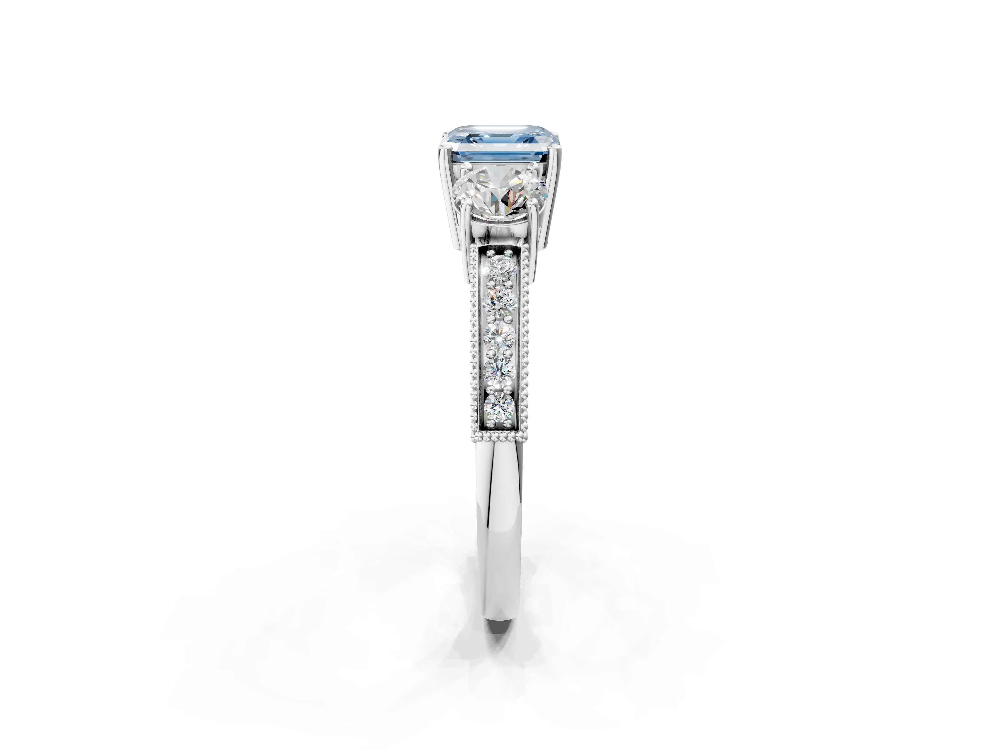 White gold Fancy Blue Asscher Cut Three-Stone Diamond Ring with Pavé Band and Four-Prong Setting_14