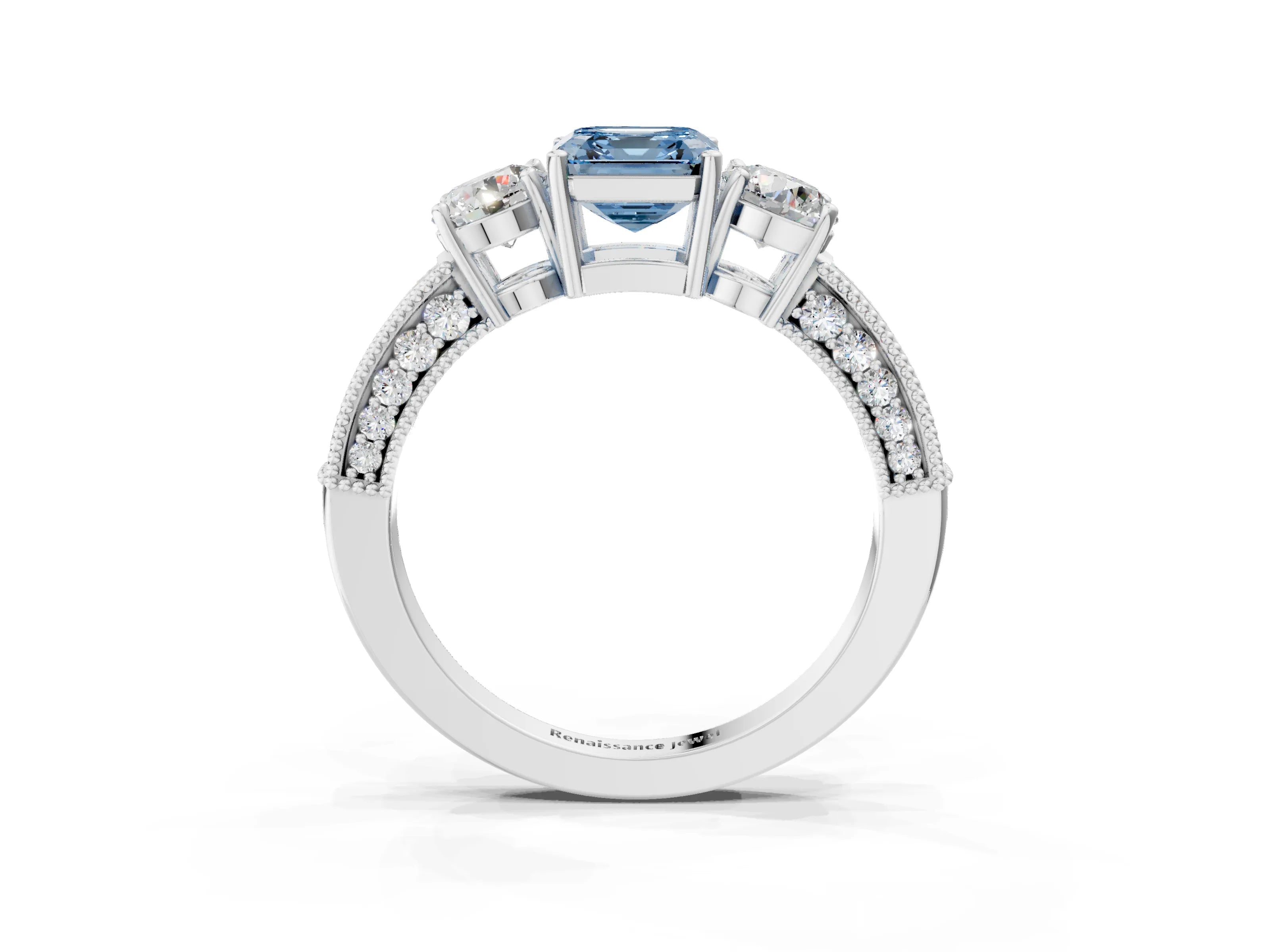 White gold Fancy Blue Asscher Cut Three-Stone Diamond Ring with Pavé Band and Four-Prong Setting_15