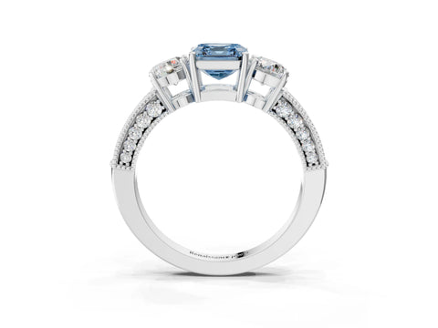 White gold Fancy Blue Asscher Cut Three-Stone Diamond Ring with Pavé Band and Four-Prong Setting_15