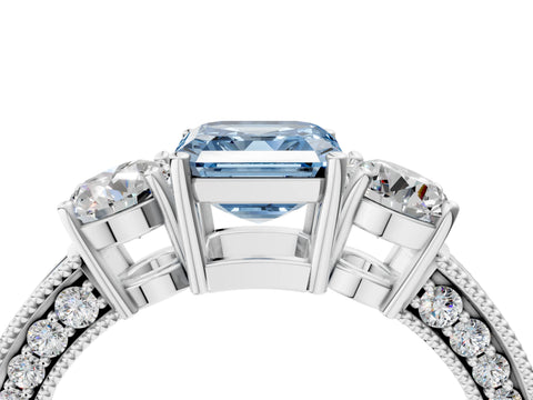 White gold Fancy Blue Asscher Cut Three-Stone Diamond Ring with Pavé Band and Four-Prong Setting_16