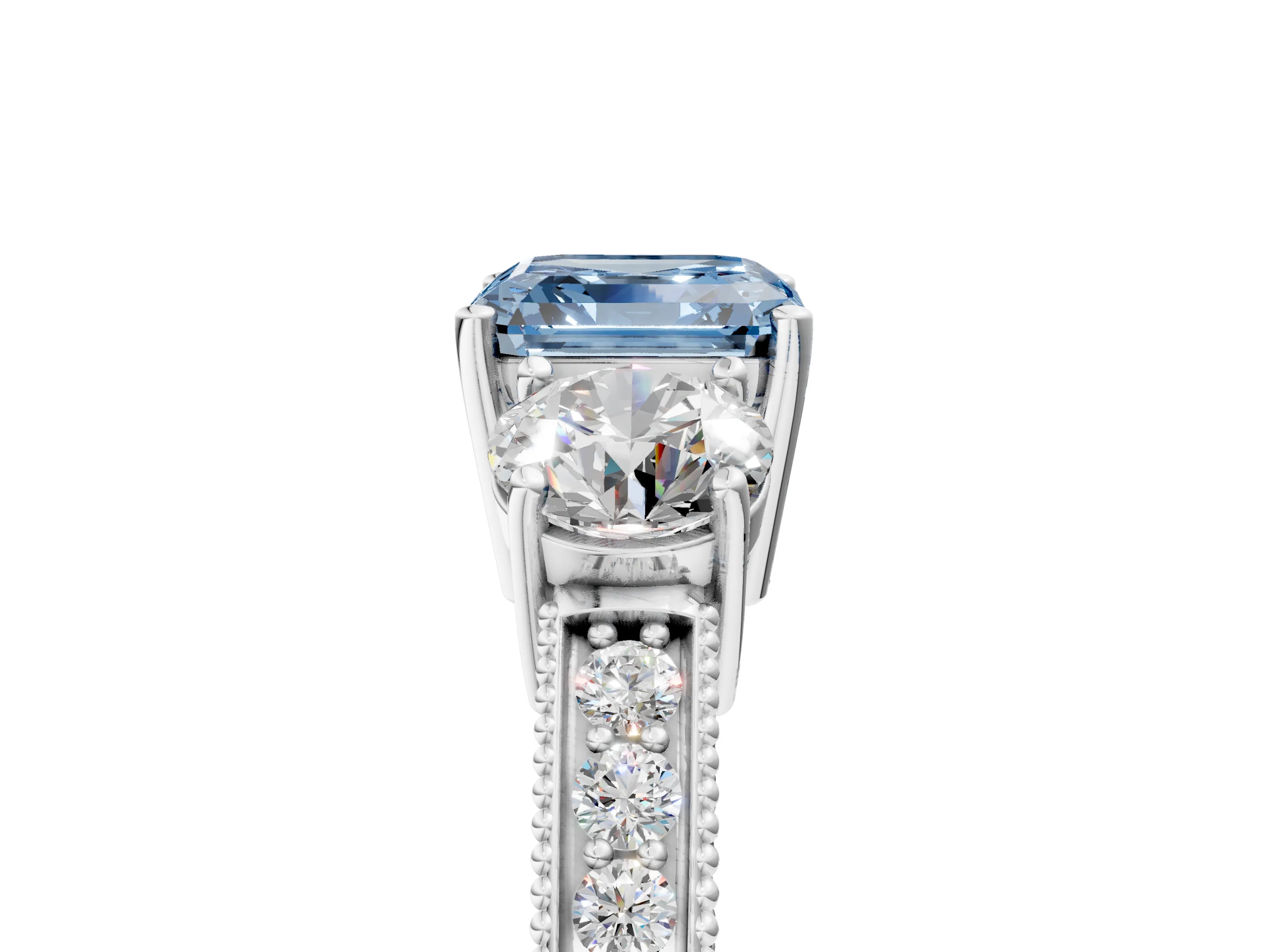 White gold Fancy Blue Asscher Cut Three-Stone Diamond Ring with Pavé Band and Four-Prong Setting_17