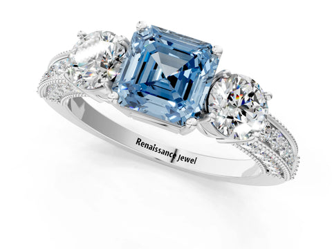 White gold Fancy Blue Asscher Cut Three-Stone Diamond Ring with Pavé Band and Four-Prong Setting_1