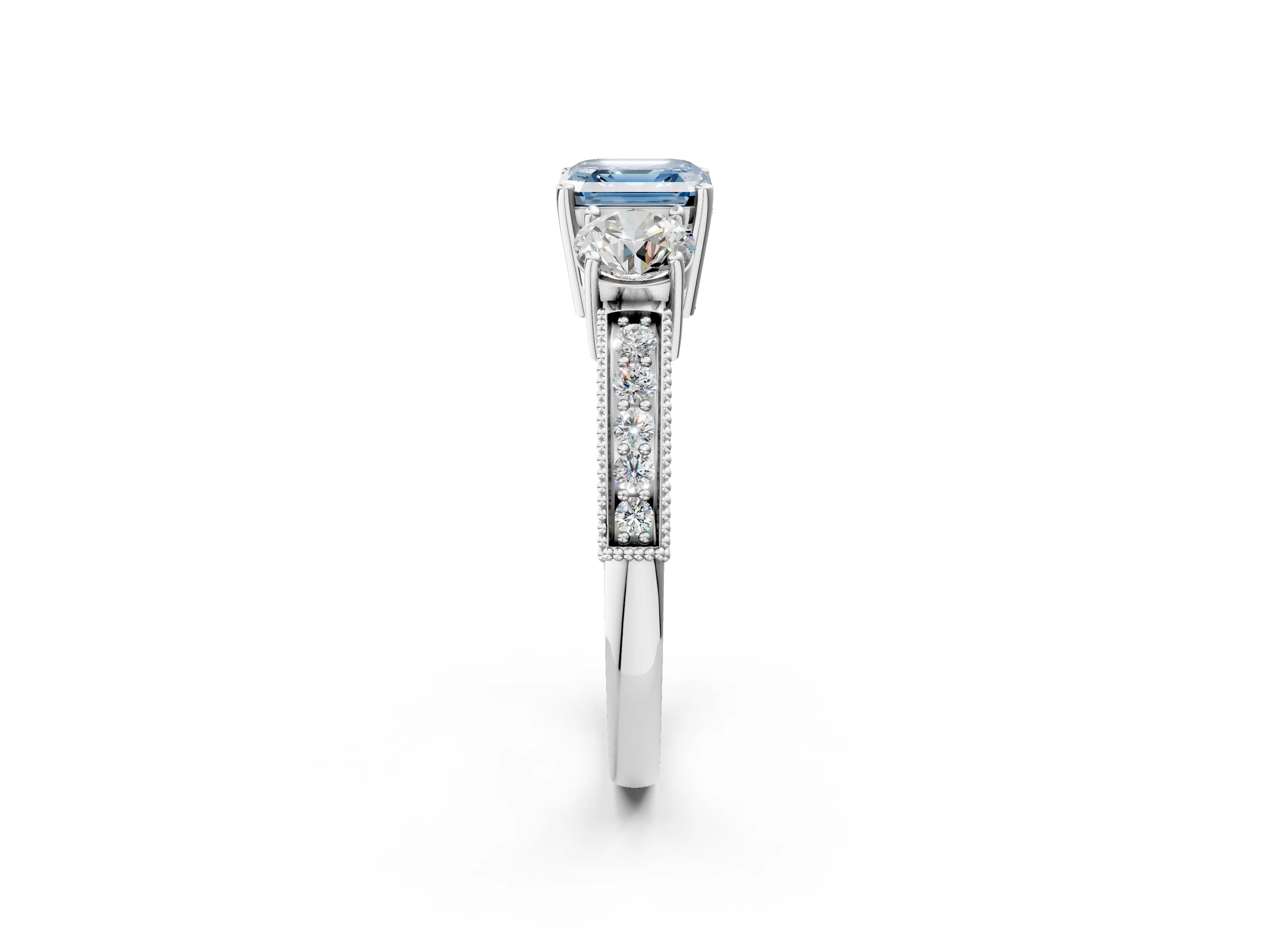 White gold Fancy Blue Asscher Cut Three-Stone Diamond Ring with Pavé Band and Four-Prong Setting_2