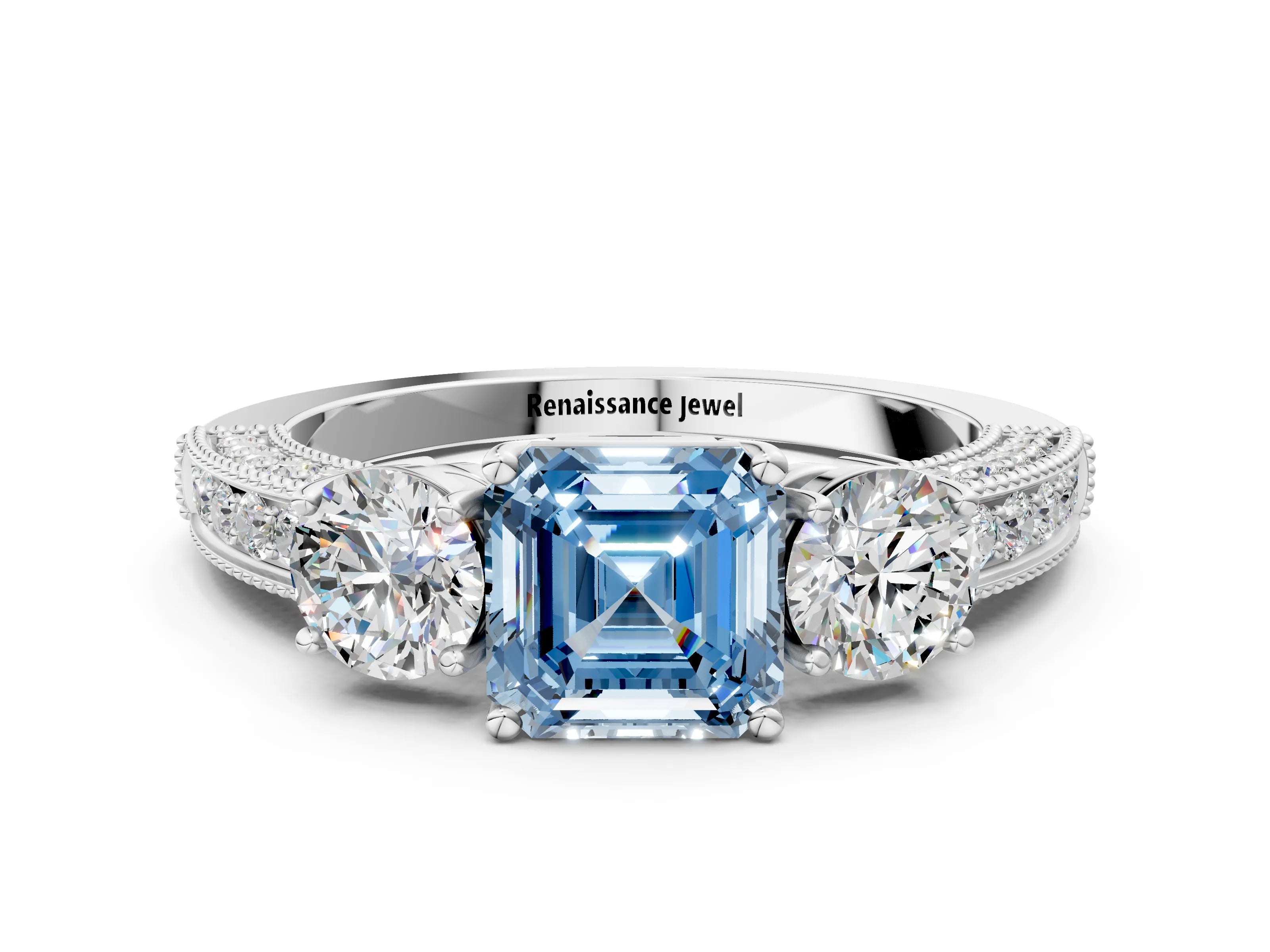 White gold Fancy Blue Asscher Cut Three-Stone Diamond Ring with Pavé Band and Four-Prong Setting
