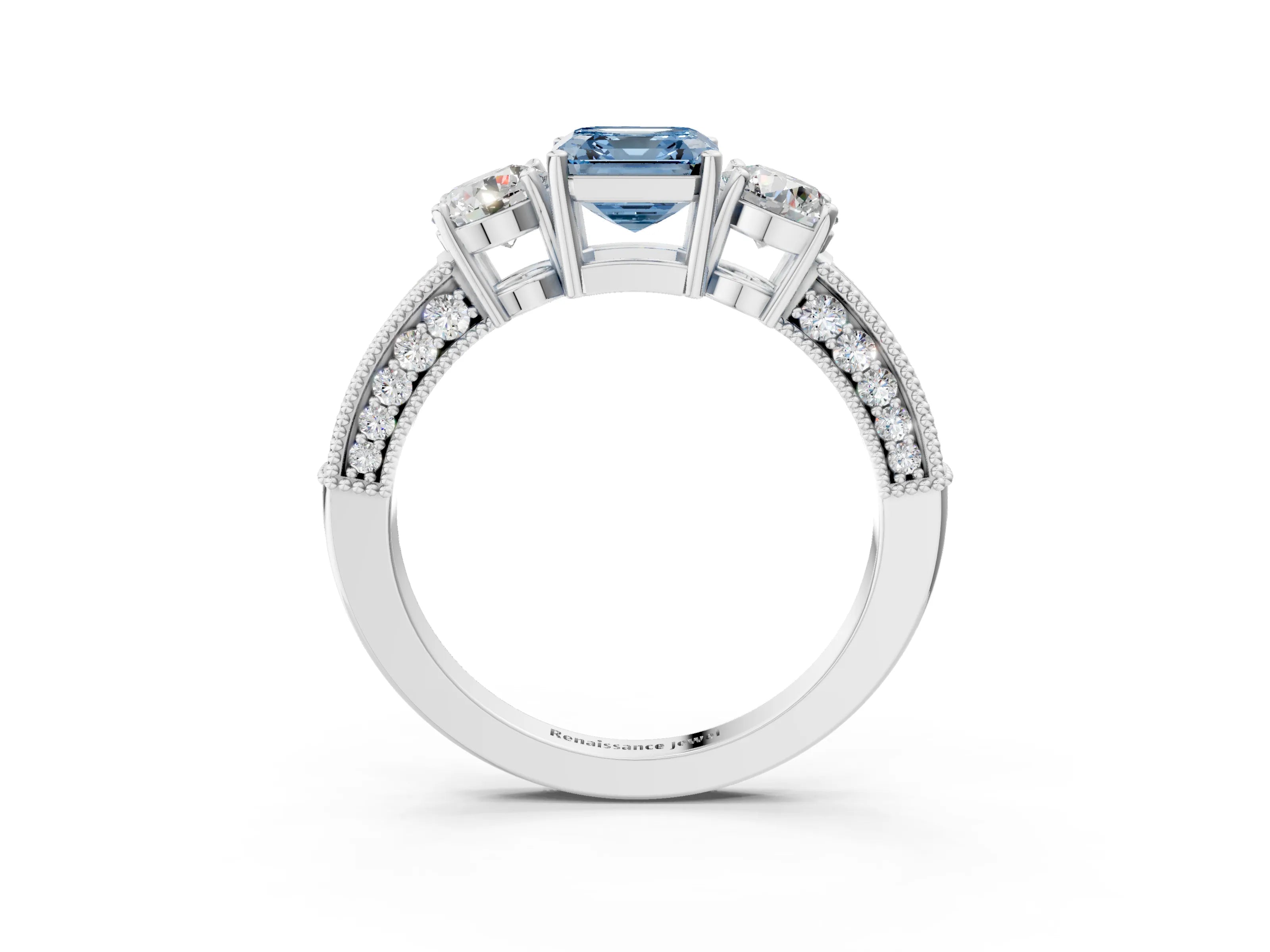 White gold Fancy Blue Asscher Cut Three-Stone Diamond Ring with Pavé Band and Four-Prong Setting_3