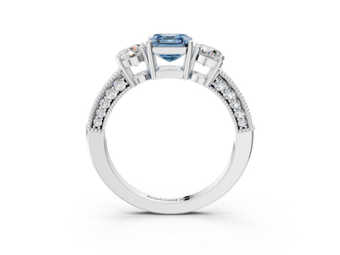White gold Fancy Blue Asscher Cut Three-Stone Diamond Ring with Pavé Band and Four-Prong Setting_3