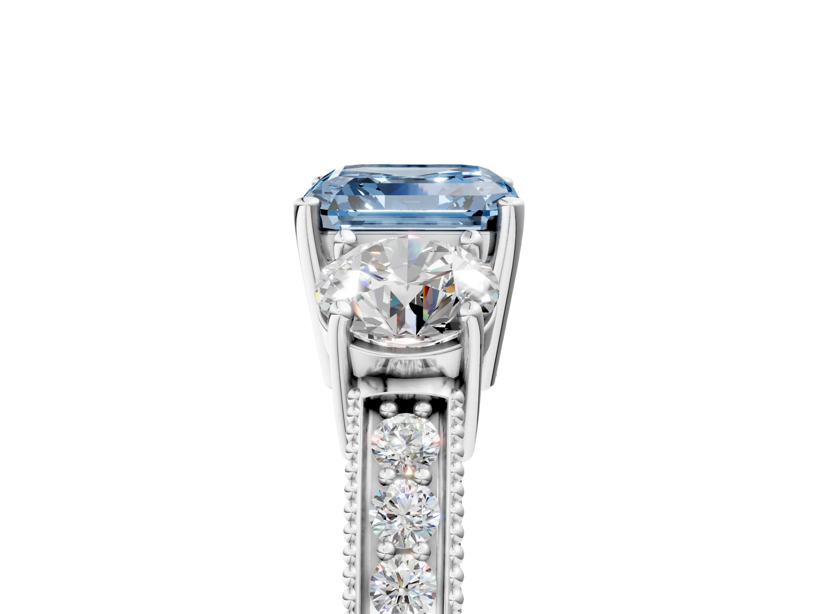 White gold Fancy Blue Asscher Cut Three-Stone Diamond Ring with Pavé Band and Four-Prong Setting_5