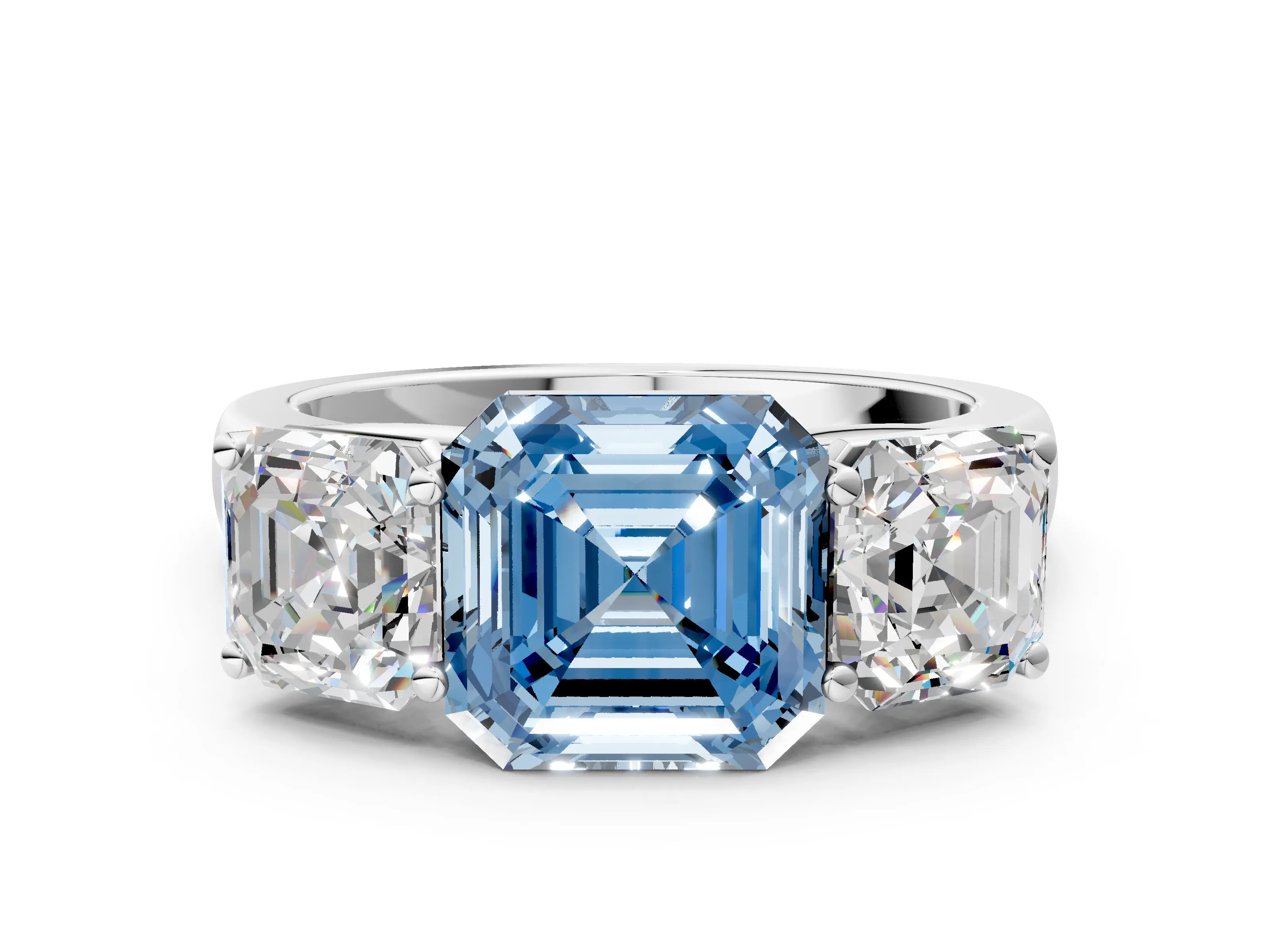White gold Fancy Blue Asscher Cut Three-Stone Diamond Ring with Prong Setting on a Classic Band