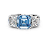 White gold Fancy Blue Asscher Cut Three-Stone Diamond Ring with Prong Setting on a Classic Band_12