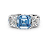 White gold Fancy Blue Asscher Cut Three-Stone Diamond Ring with Prong Setting on a Classic Band_12