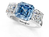 White gold Fancy Blue Asscher Cut Three-Stone Diamond Ring with Prong Setting on a Classic Band_13