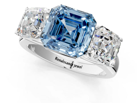 White gold Fancy Blue Asscher Cut Three-Stone Diamond Ring with Prong Setting on a Classic Band_1