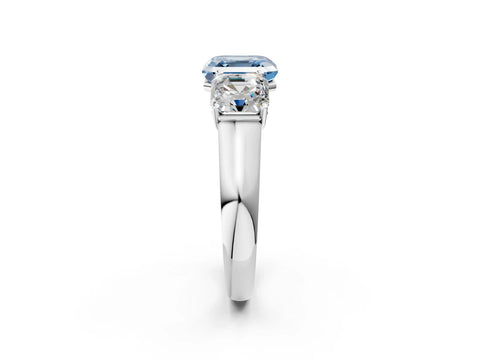 White gold Fancy Blue Asscher Cut Three-Stone Diamond Ring with Prong Setting on a Classic Band_2